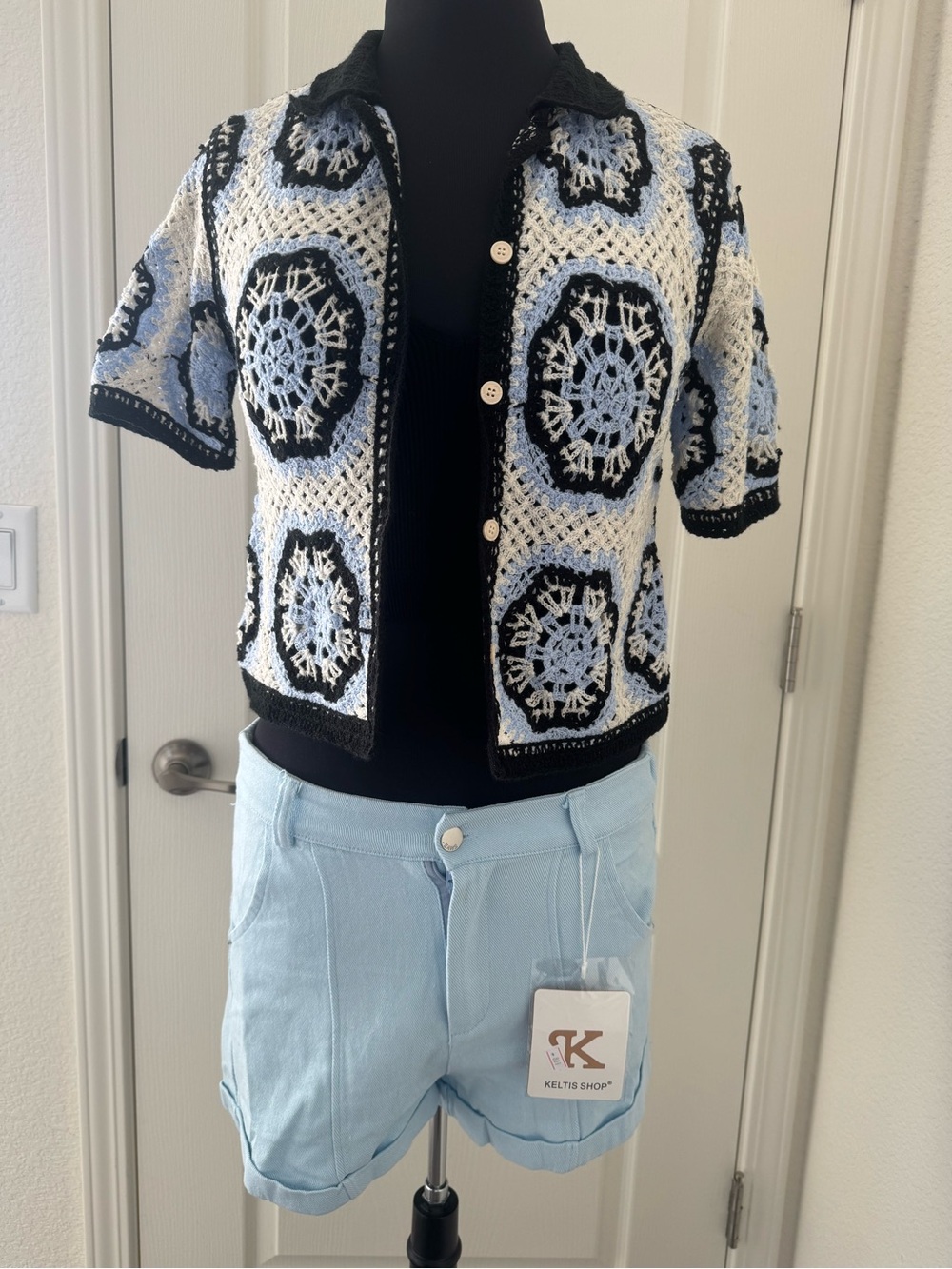 Hand-Crocheted Button-Front Top, Ribbed tank top and Shorts.